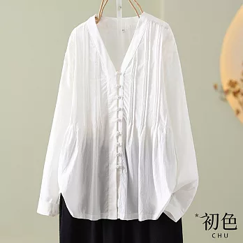 【初色】V領復古收腰顯瘦棉麻風寬鬆長袖襯衫女上衣-共2色-32955(L-2XL可選) XL 白色