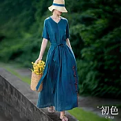 【初色】V領系帶收腰棉麻風復古五分袖連身裙洋裝-藍色-32952(M-2XL可選) M 藍色