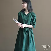【初色】棉麻風娃娃領素色半排扣系帶收腰顯瘦五分袖連身裙洋裝-綠色-32949(M-2XL可選) M 綠色