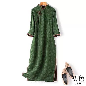 【初色】棉麻風復古旗袍碎花印花收腰顯瘦連身裙洋裝-綠色-32948(M-2XL可選) M 綠色