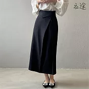 [衣途]高腰皺褶不規則翻邊長裙S-L(KDSY-B910) L 黑色