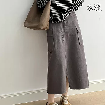 [衣途]工裝高腰顯瘦鬆緊開叉半身裙M-L(KDSY-B079) L 煙灰色