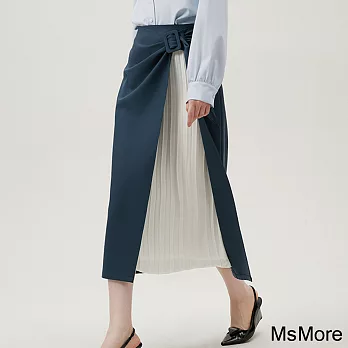 【MsMore】 風琴裙新款設計感氣質高腰直筒拼接半身裙長款# 121094 M 深藍色