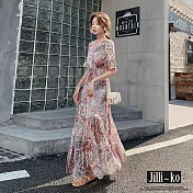 【Jilli~ko】佩斯利花紋V領蛋糕層次桔梗連衣裙 J11687  FREE 粉紅色