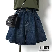 【Jilli~ko】夏季高腰遮跨顯瘦薄款闊腿A字牛仔短褲女 L-XL J11673 M 深藍色