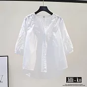 【Jilli~ko】前短後長褶皺設計感圓領七分袖休閒上衣 J11685  FREE 白色