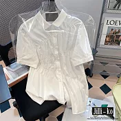 【Jilli~ko】學院風褶皺拼接短袖襯衫女 J11650  FREE 白色