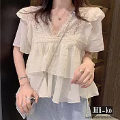 【Jilli~ko】V領蕾絲荷葉雪紡寬鬆短款上衣女 J11683 FREE 白色