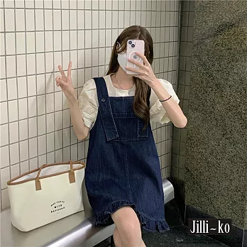 【Jilli~ko】木耳邊設計感外穿寬鬆牛仔背帶裙 J11616  FREE 深藍色