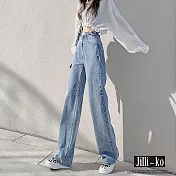 【Jilli~ko】多扣可調直筒牛仔褲女高腰顯瘦寬鬆中大尺碼 J11691 L 淺藍色