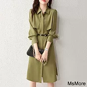 【MsMore】 時尚優雅軍綠純色襯衫領長袖連身裙中長版洋裝# 121036 M 軍綠色