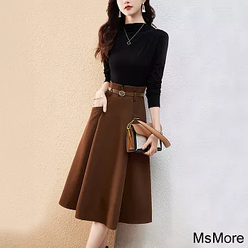 【MsMore】 都市時尚氣質顯瘦顯高經典別致假兩件連身裙中長版洋裝# 121037 M 黑色