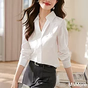 【MsMore】 休閒高級感不對稱V領襯衫新款休閒百搭長袖白色短版上衣# 121057 M 白色