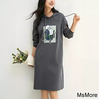 【MsMore】 高級灰色印花連帽長袖寬鬆休閒連身裙中長版洋裝# 121068 M 灰色