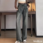 【MsMore】 復古闊腿牛仔褲新款高腰垂感直筒寬鬆毛邊拖地長褲# 121084 XL 灰色