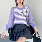 【MsMore】 韓版圓領拼接撞色針織長袖短版上衣# 121121 FREE 紫色