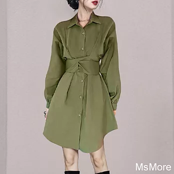 【MsMore】 法式軍綠色高級感收腰顯瘦連身裙氣質單排扣襯衫短版洋裝# 121070 M 軍綠色