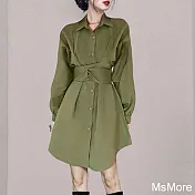 【MsMore】 法式軍綠色高級感收腰顯瘦連身裙氣質單排扣襯衫短版洋裝# 121070 XL 軍綠色
