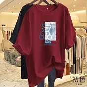【初色】休閒寬鬆透氣大碼卡通印花圓領短袖T恤女上衣-(多款可選) M E.酒紅色