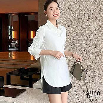 【初色】簡約立領不對稱下擺打底衫內搭長袖襯衫上衣女上衣-白色-32663(M-XL可選) M 白色