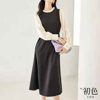 【初色】簡約休閒拼接收腰花邊領長袖連身裙洋裝-黑色-32654(M-XL可選) M 黑色