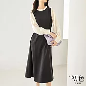 【初色】簡約休閒拼接收腰花邊領長袖連身裙洋裝-黑色-32654(M-XL可選) XL 黑色