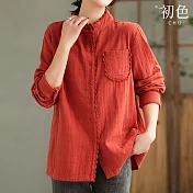 【初色】文藝風純色花邊立領長袖襯衫上衣女上衣-共4色-32641(M-2XL可選) XL 橘紅色