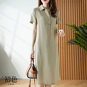 【初色】輕薄襯衫領純色中長款連衣裙短袖連身洋裝-共2色-68130(M-2XL可選) M 灰綠色