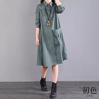 【初色】簡約棉麻風襯衫領大口袋長袖中長裙連衣裙連身洋裝洋裝-共2色-32650(M-2XL可選) XL 綠色