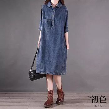 【初色】韓版寬鬆純色翻領五分袖牛仔襯衫裙中長裙連衣裙連身洋裝-藍色-32652(M-2XL可選) M 藍色