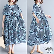 【初色】寬鬆中大碼五分短袖圓領碎花連衣裙連身洋裝長洋裝-藍色-32653(F可選) F 藍色