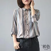 【初色】日系棉麻風復古直條紋長袖襯衫上衣女上衣-藍色-32645(M-2XL可選) L 藍色