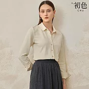 【初色】純色簡約修身翻領長袖單排釦襯衫上衣女上衣-共3色-32665(M-XL可選) M 白色