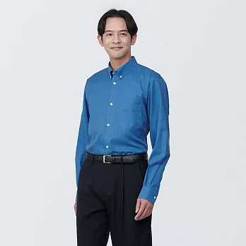 【MUJI 無印良品】男有機棉免熨燙扣領長袖襯衫 S 藍色