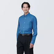 【MUJI 無印良品】男有機棉免熨燙扣領長袖襯衫 L 藍色