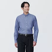 【MUJI 無印良品】男有機棉免熨燙扣領長袖襯衫 S 深藍直紋