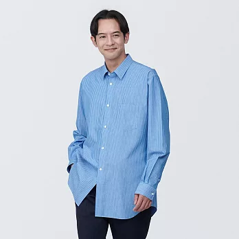【MUJI 無印良品】男有機棉免熨燙舒適合身長袖襯衫 L 藍直紋