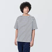 【MUJI 無印良品】男有機棉水洗粗織船領五分袖T恤 XS 暗藍橫紋