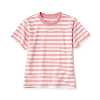 【MUJI 無印良品】兒童棉混聚酯纖維圓領短袖T恤 110 粉紅橫紋