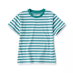 【MUJI 無印良品】兒童棉混聚酯纖維圓領短袖T恤 110 煙燻綠橫紋