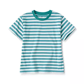 【MUJI 無印良品】兒童棉混聚酯纖維圓領短袖T恤 110 煙燻綠橫紋
