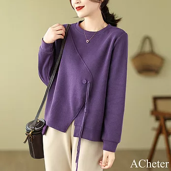 【ACheter】 韓版圓領寬鬆顯瘦純色休閒拼接上衣長袖短版# 120998 XL 紫色