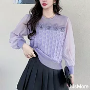 【MsMore】 氣質減齡雪紡衫寬鬆長袖流行漂亮圓領短版上衣# 121119 FREE 紫色