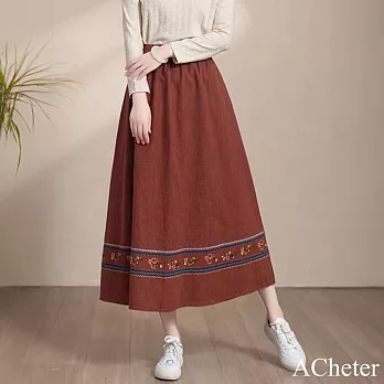 【ACheter】 棉麻半身裙復古國風文藝下擺印花長裙休閒寬鬆顯瘦# 121154 XL 磚紅色