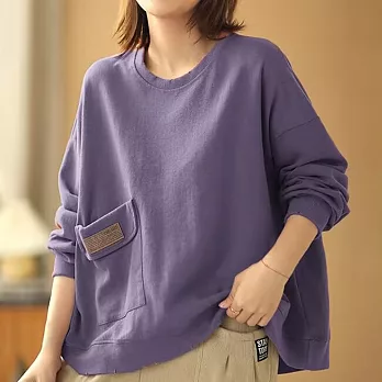 【ACheter】 長袖時尚百搭休閒圓領純色大碼寬鬆短版上衣# 121165 L 紫色