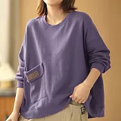 【ACheter】 長袖時尚百搭休閒圓領純色大碼寬鬆短版上衣# 121165 4XL 紫色
