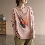 【ACheter】 文藝復古抽象印花棉高檔圓領長袖大碼t恤中長版上衣# 121166 L 粉紅色