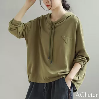 【ACheter】 棉連帽薄新款文藝時尚休閒系帶純色長袖短版上衣# 121169 4XL 軍綠色