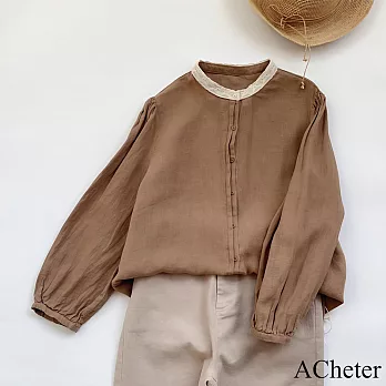 【ACheter】 蕾絲邊棉麻立領襯衫新品寬鬆顯瘦百搭純色短版上衣# 120836 XL 駝色