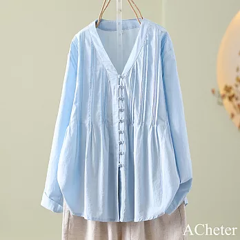 【ACheter】 中式風重工壓褶棉麻V領襯衫輕國風寬鬆顯瘦開衫長袖短版上衣# 120990 XL 藍色